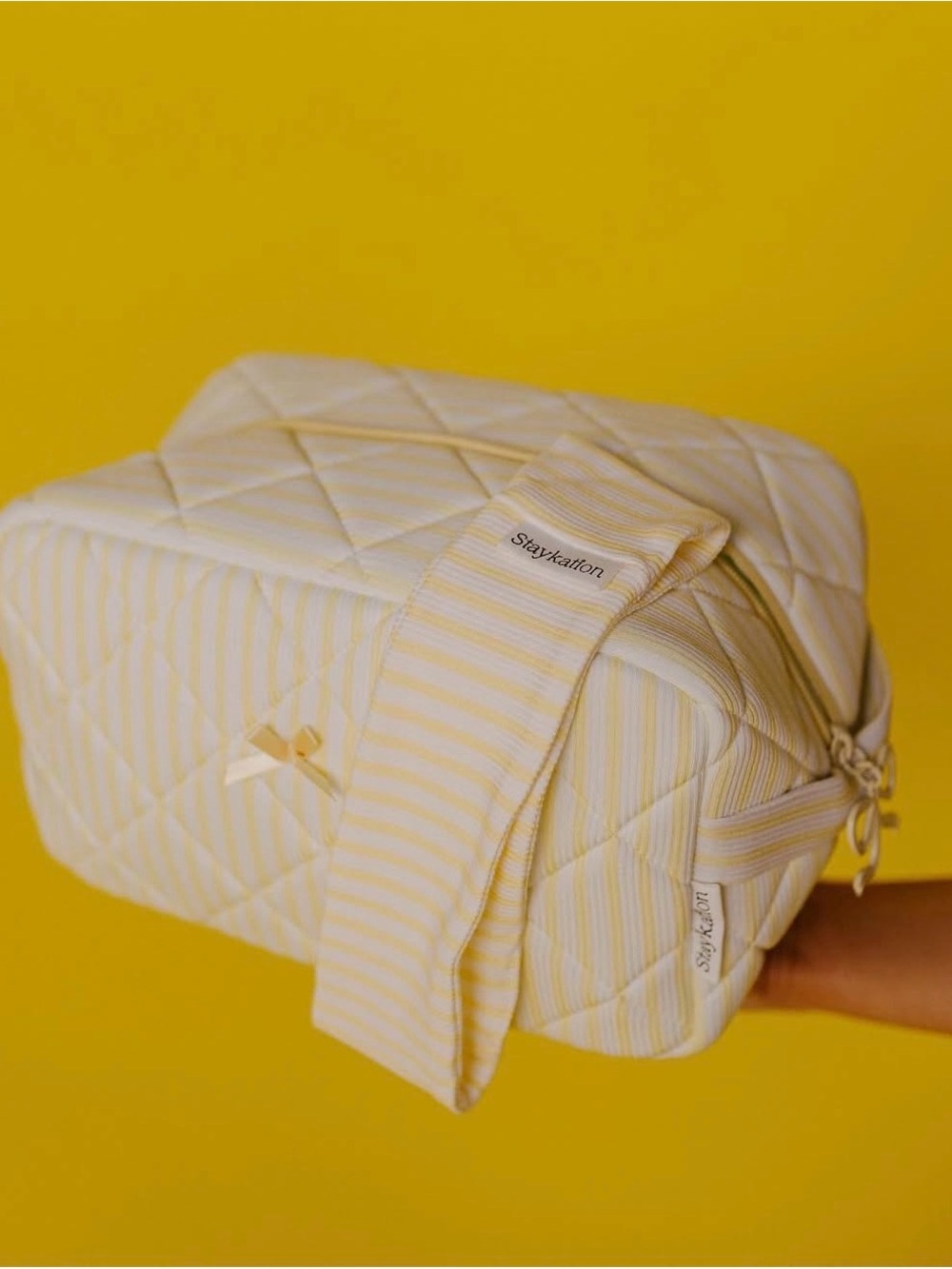 NEW Staykation Butter yellow stripe make up bag and headband